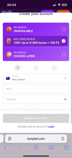 tonybet casino registration