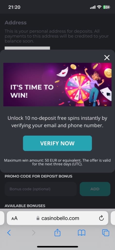 CasinoBello Casino Win