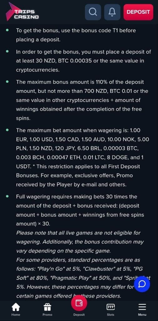 Trips Casino payment