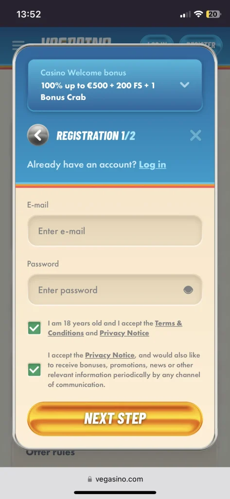 Vegasino Casino Registration