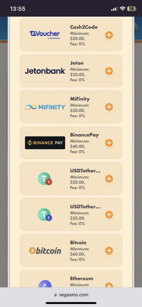 Vegasino Casino payment