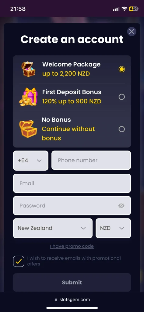 SlotsGem Casino account