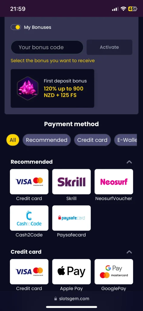 SlotsGem Casino Payment