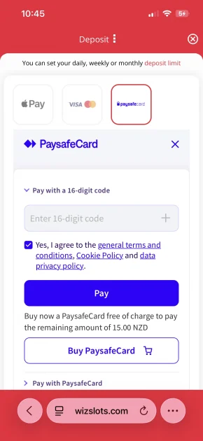 wiz slots casino payment