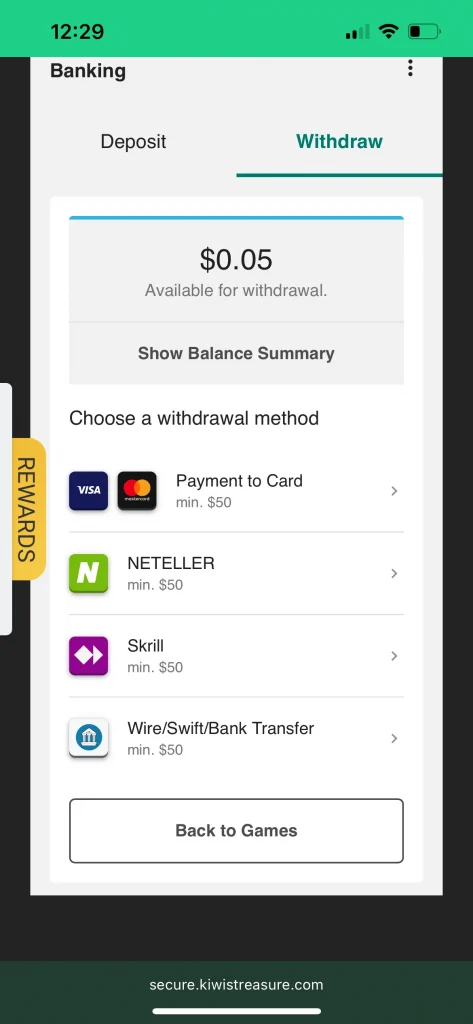 Kiwi's Treasure Casino withdrawal