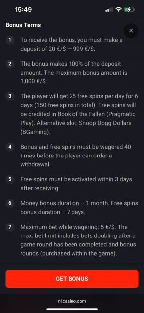 N1 Casino bonus